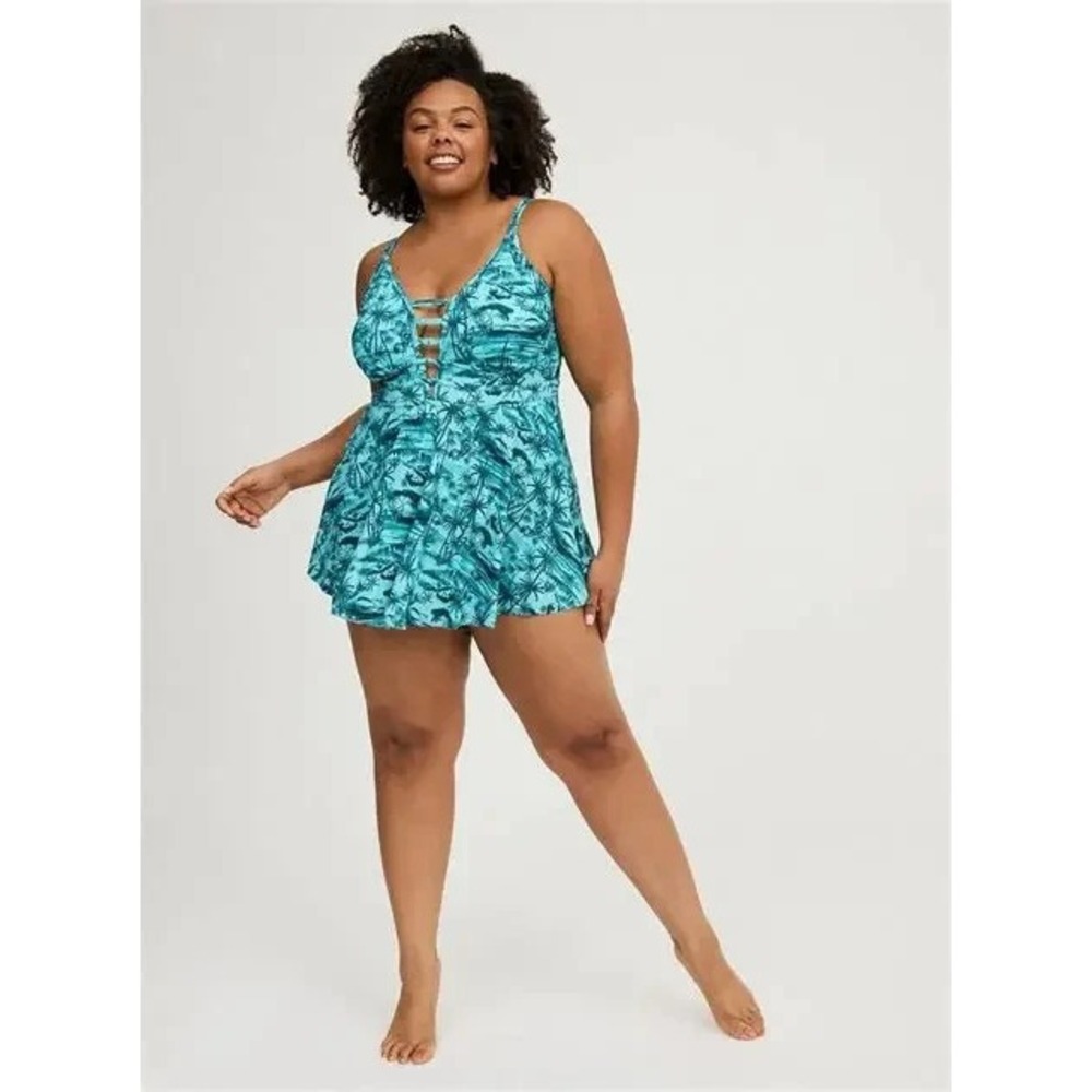 Torrid NWT Skater‎ Plunge Swim Dress PLUS Size 5 5X Jungle Toile Tropical Print